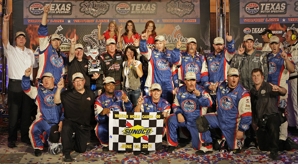 Picture of the #33 crew wearing Anderson's Maple Syrup hats after winning at Texas in June.